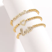 18K Gold PVD Stainless Steel Stone Heart Metal Beaded Stretch Bracelet / BRJ1016
